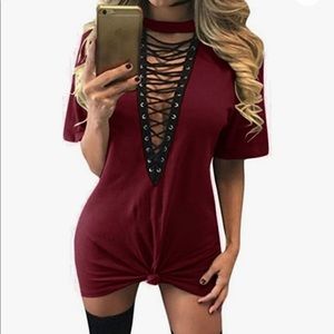 Wine Sexy Lace Up T shirt dress